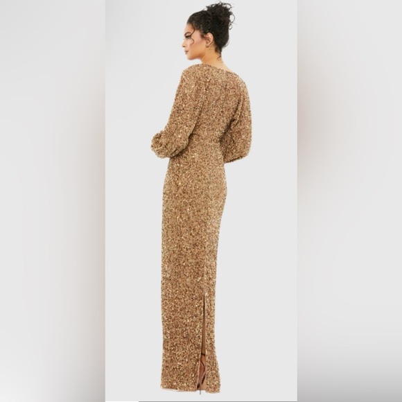 MAC DUGGAL Brown Sequined Puff Sleeve V Neck Gown Size 2 NWT Style 10791 - Picture 3 of 5